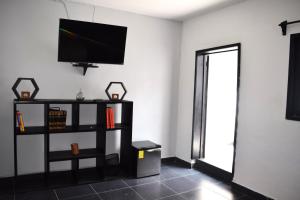a living room with a tv and a book shelf at Bounaterra Lofts in León