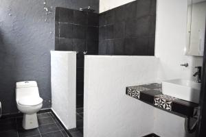 a black and white bathroom with a toilet and a sink at Bounaterra Lofts in León