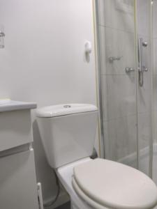 a white bathroom with a toilet and a shower at Casa Módulo Bellavista in Bella Vista +13 photos