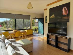 a living room with a couch and a large screen tv at Casa Das Palmeiras-Pedagogic Farm in Mangualde
