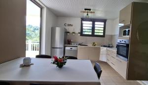 a kitchen with a table with a vase of flowers on it at Le Voyageur in Sainte-Marie +21 photos