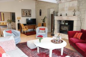 a living room filled with furniture and a fireplace at Le Clos du Noisillet in Cinais