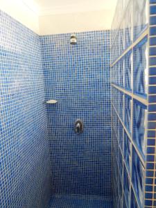 baño de azulejos azules con ducha de azulejos azules en Villa Carfax, en Orba