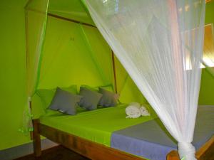 a green bedroom with a bed with a canopy at Le Relais de Djangoa in Djangoa +22 photos