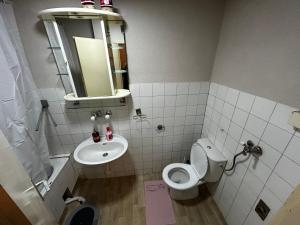 a bathroom with a sink and a toilet and a mirror at Mance apartments 2 in Paraćin