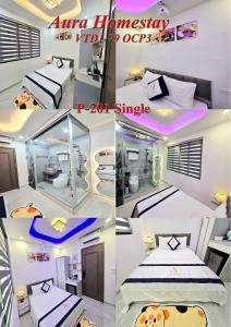 a collage of four pictures of a room at Aura Homestay in Cửu Cảo