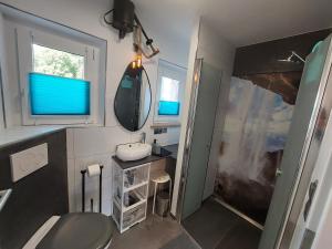 a small bathroom with a sink and a mirror at Fewo Erdgeschoss Ankerplatz mit Sauna direkt am Brombachsee bei Juliane und Klaus in Ramsberg