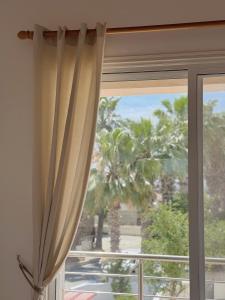 a window with a view of a palm tree at 5-Min Walk to Beach - Bright 2-BR Home with Private Garden & Sunset Views in Voroklini +30 photos