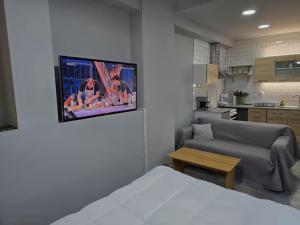 un salon avec un canapé et une télévision au mur dans l'établissement Κέντρο Καλαμάτας 4, à Kalamata