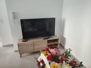 TV de pantalla plana en un centro de entretenimiento con flores en Studio en rez de jardin, en Hammamet
