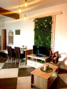 a living room with a couch and a table with a tv at Apartmani LANA Podgorica in Podgorica