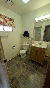 a bathroom with a toilet and a sink and a mirror at Himont Motel in Fall River Mills