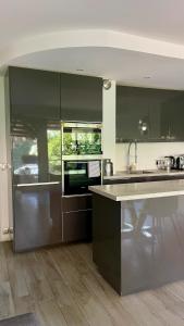 a large kitchen with black cabinets and a sink at Charmant appartement plein centre in Saint-Tropez