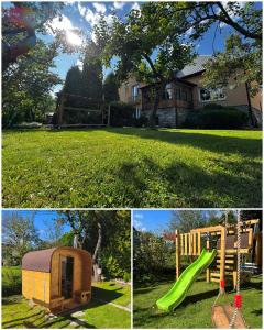 un collage de fotos con un parque infantil y una casa en Lipoffka, en Lipová-lázně