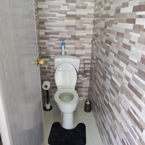 a bathroom with a white toilet in a brick wall at Apache appartement in Paramaribo