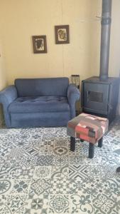 a living room with a blue couch and a fireplace at La mama Pocho in Chile Chico