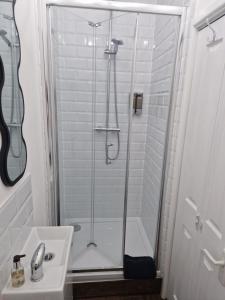 a shower with a glass door next to a sink at Nant Melyn Farm Apartment in Neath +21 photos