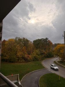 een auto rijdt over een kronkelende weg bij Modern Suite, 1 Guest Room in St. Catharines