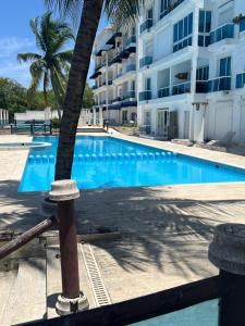 a swimming pool with a palm tree in front of a building at Dreamvillage in Boca Chica