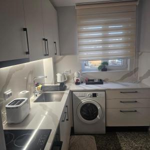 eine Küche mit Waschmaschine und Spüle in der Unterkunft Luxury Suite Old Plovdiv with parking in Plowdiw