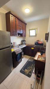 une cuisine avec des armoires en bois et un réfrigérateur en acier inoxydable dans l'établissement Aqua View, à El Qasaba esh Sharqīya