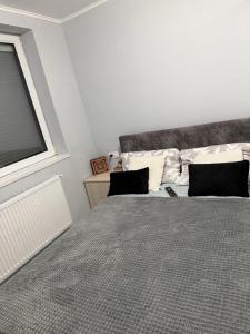 a bedroom with a large bed with black and white pillows at InnTimee in Turda