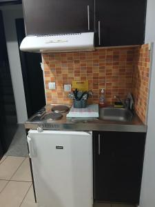 a kitchen with a white refrigerator and a sink at Marina in Paralia Katerinis