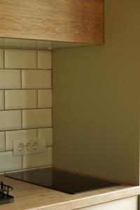 a kitchen with a stove top oven next to a wall at Planinska kuća Pablo house in Gradac +16 photos