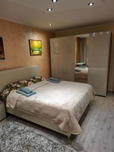 a bedroom with a large bed and a mirror at Stan u Smederevskoj Palanci - naselje Kolonija in Smederevska Palanka