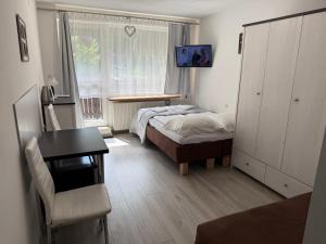 een slaapkamer met een bed, een bureau en een raam bij 4 Pory Roku in Karpacz