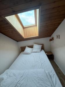 Una cama en una habitación pequeña con ventana. en beau duplex marmotiere, en Risoul