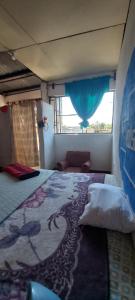 een slaapkamer met een bed en een bank in een kamer bij Hostal the Cats in Panajachel