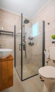 a bathroom with a shower and a toilet and a sink at דירת הפרימיום - 5 דקות נסיעה מהים in Ashqelon
