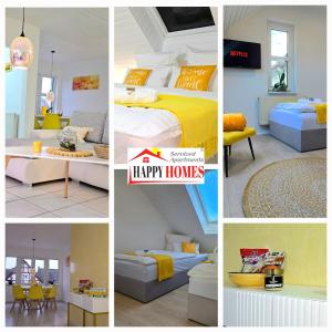 a collage of photos of a bedroom and a happy home at HAPPY HOMES YELLOW - Up to 8 - Küche - W-LAN - Netflix - Honig - Badewanne in Nidda