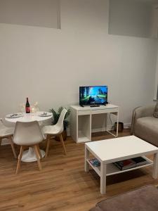 a living room with a couch and a table and a tv at The central stay in Mellet