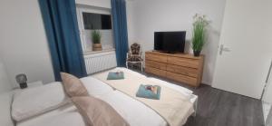 a living room with a white couch and a television at Ferienwohnung Lichtblick mit Terrasse in ruhiger Lage in Sulingen