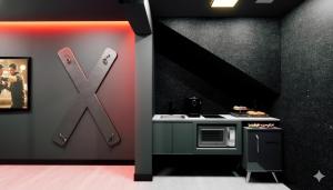 a kitchen with a x sign on the wall at 1001 shades of love - Jacuzzi Balneário Camboriú in Camboriú