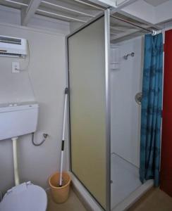 a glass shower in a bathroom with a toilet at Ski Chalet Ohakune Alpine Village in Ohakune