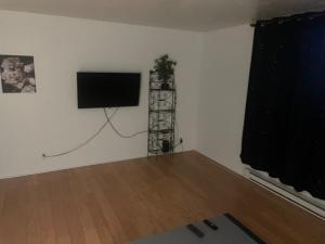 a living room with a flat screen tv on a wall at Emotions in Gatineau