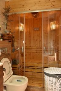 a wooden bathroom with a shower and a toilet at Start Apartments LUX KOPAONIK in Kopaonik