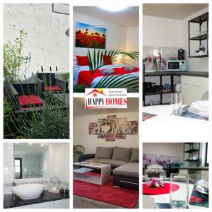eine Collage mit Fotos von einem Wohn- und Schlafzimmer in der Unterkunft HAPPY-HOMES RED - Up to 5 - Küche - W-LAN - Netflix - Honig - Terrasse in Altenstadt