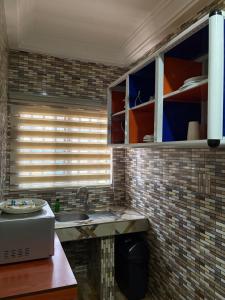 a kitchen with a sink and a brick wall at Nabs lodge in Kumasi +31 photos