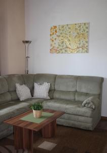 ein Wohnzimmer mit einem Sofa und einem Couchtisch in der Unterkunft Ferienwohnung Alte Brennerei in Brösa