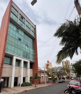 a building on a city street with a palm tree at Charlotte Belgrano Posadas in Posadas