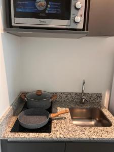 a kitchen counter with a sink and a microwave at Charlotte Belgrano Posadas in Posadas