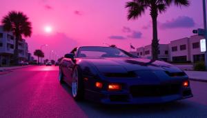 a car parked on a street with a pink sky at Full Service Caravan 4 in Albertslund