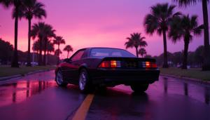 a car is parked on a wet road with palm trees at Full Service Caravan 4 in Albertslund