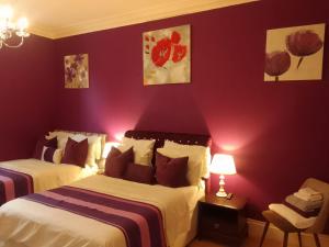 two beds in a room with purple walls at Executive Suite at Ideal home & cottage, Inviting 2 Bedroom apartment, Sleep 6 Ideal for contractors, family & Groups in Birmingham