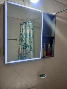 Un botiquín con cortina de ducha en un baño. en Alojamiento la posta, en Perico