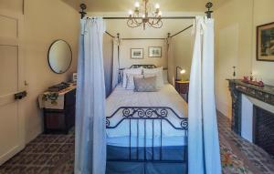a bedroom with a canopy bed with blue curtains at Nice Home In Saint-Chinian With Wifi in Saint-Chinian +38 photos